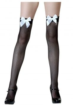 Leg Avenue Black Fishnet / White Bow Thigh Highs